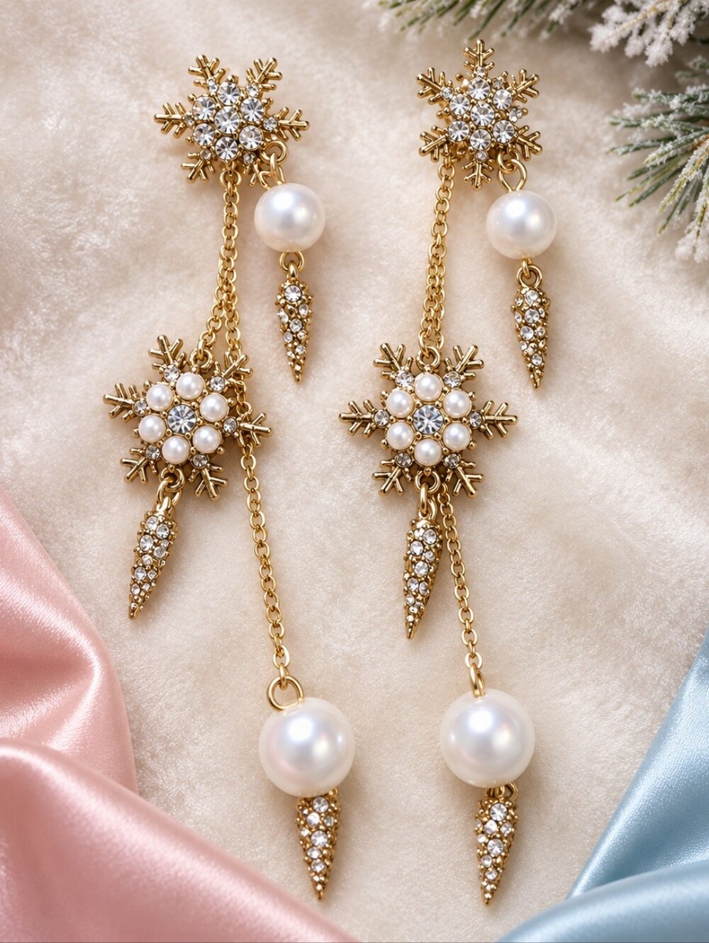 Betsey Johnson Snowflake Faux Pearl Rhinestone Icicle Dangle Earrings Gold Tone